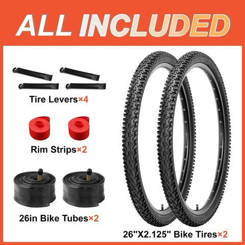 Two Pack 26x2.125 Mountain Bike Tires Folding Replacement Set With Schrader Valve Tubes Includes 4 Tire Levers And 2 Rim Strips