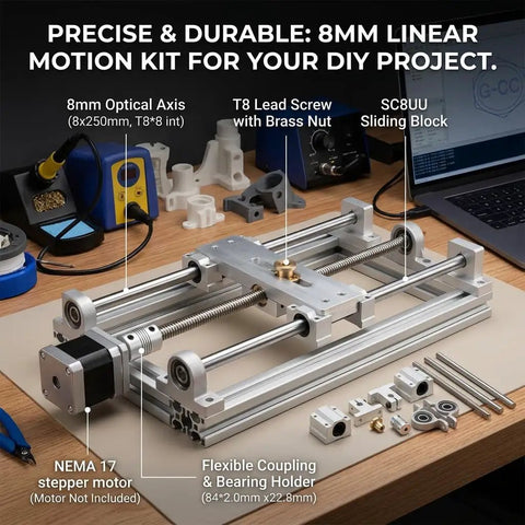 8x8 Lead Screw Shaft Kit With 304 Stainless Steel Guide Rods And SC8UU Bearing Blocks For 3D Printers And CNC Machines A Beefed Up Plug And Play High Strength Bundle With Nut Vertical Bearings Shaft Supports And Flexible Couplings shown with components on a table