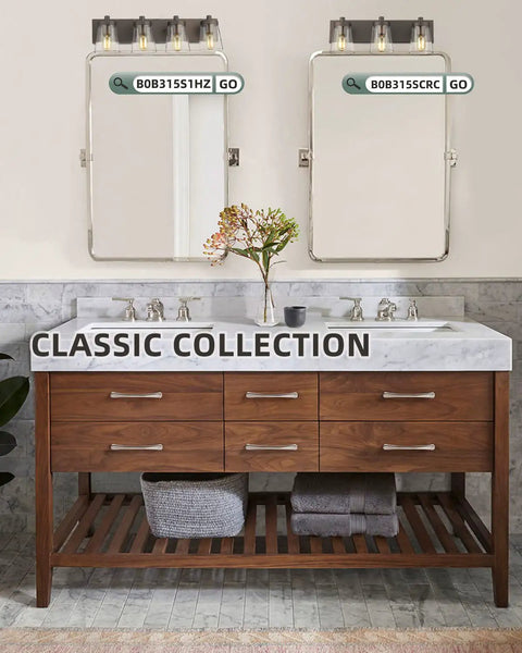 Four Light Bathroom Vanity Lighting Fixture With Clear Glass Shades In Oil Rubbed Bronze Finish displayed above double sink.