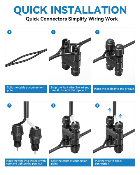 Step-by-step guide for quick installation of All In One Low Voltage Landscape Lights Kit With Quick Plug And Play Setup connectors.