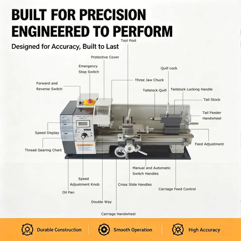 Jaryannix 900W Mini Bench Lathe 8x16 Inch Metal Woodworking Lathe front view with digital display and control features.