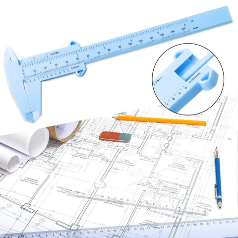 Ultra Precise Vernier Caliper 0 To 150mm Sliding Gauge With Double Scale over blueprints with pencil and eraser