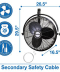 Industrial Grade Wall Mount Fan 20 Inch Black One Sixth Horsepower Three Speed 120 Volt Heavy Duty Fully Enclosed Ball Bearing Motor ETL And OSHA Compliant AMCA Tested Up To 3670 CFM shown with dimensions and safety cable.