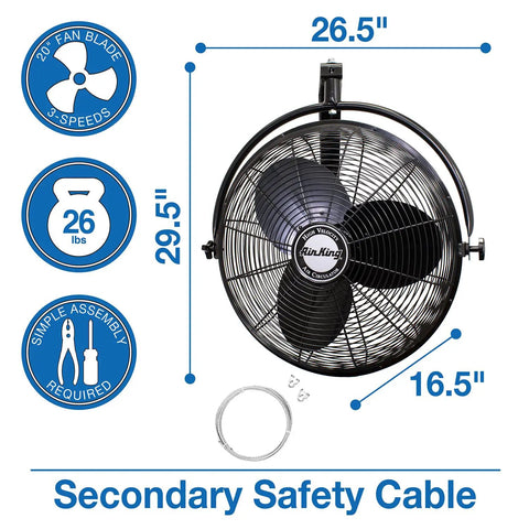 Industrial Grade Wall Mount Fan 20 Inch Black One Sixth Horsepower Three Speed 120 Volt Heavy Duty Fully Enclosed Ball Bearing Motor ETL And OSHA Compliant AMCA Tested Up To 3670 CFM shown with dimensions and safety cable.