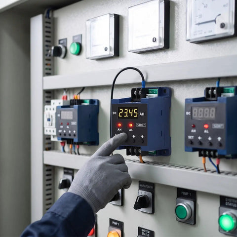 Hella Responsive DC Digital Amp Meter Shows Zero Point Three To Fifty Amperes On Sharp LCD Screen While Running Real Time Monitoring Plus Smart Relay Triggers For Tight Workshop Builds Smooth EV Swaps And Deckboat Mods displayed on a control panel with hand adjusting settings.