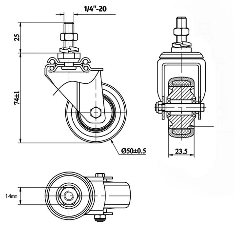 Swivel caster wheel with 1/4-20 threaded stem, 2-inch PU wheel for wire shelving; front and side views