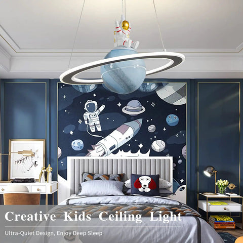 Room with Space Themed Astronaut Pendant Light For Kids Room Dimmable Planet LED Chandelier, wall mural and bedding, 19 Inch 40W