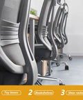 Office chairs on caster wheels in a row, suited for desks