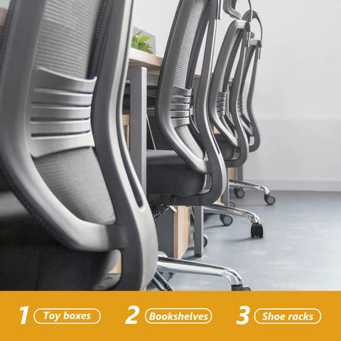 Office chairs on caster wheels in a row, suited for desks