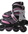 Pink adjustable roller skates for teens with PU mesh upper and smooth glide for ice skating practice and outdoor fun.