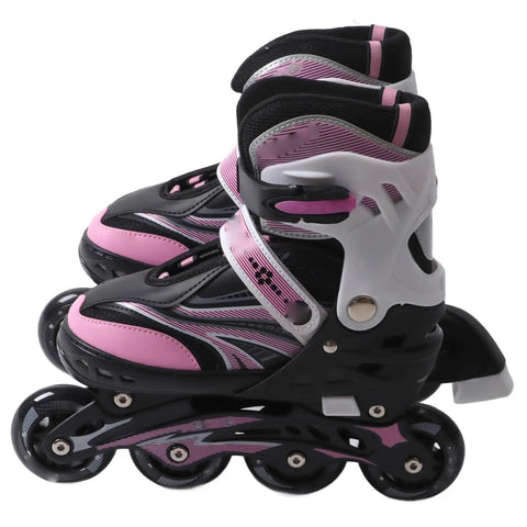 Pink adjustable roller skates for teens with PU mesh upper and smooth glide for ice skating practice and outdoor fun.