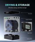 Exploded view of 3Kg Filament Dryer SP2 with storage box for 1.75mm and 2.85mm filaments, showing top cover, drying chamber, hygrometer, and heating base.