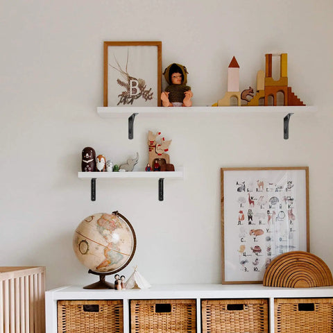 Floating shelves on wall supported by 10 Pack Heavy Duty Shelf Brackets Black Steel 8 Inch Long By 6 Inch High L Shaped