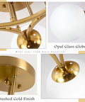 Close-up of Cool Three Light Globe Sputnik Ceiling Light in gold finish with milk glass shades, E26 base, dimmable