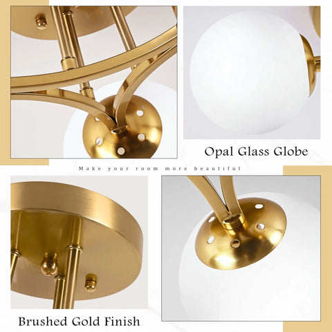 Close-up of Cool Three Light Globe Sputnik Ceiling Light in gold finish with milk glass shades, E26 base, dimmable