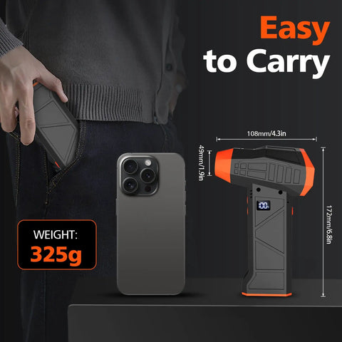 Cordless 110000RPM Air Duster with Four Speed Levels shown with compact size for portability next to a smartphone