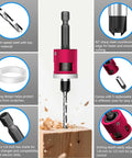 BURMONG 5-piece countersink drill bit set with 1/4" hex shank and adjustable depth stop, pink body, front view