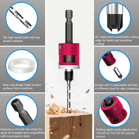 BURMONG 5-piece countersink drill bit set with 1/4" hex shank and adjustable depth stop, pink body, front view