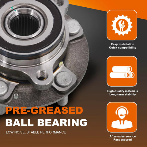 Close-up of a pre-greased ball bearing hub assembly with text highlighting benefits: easy installation, high-quality materials, warranty.