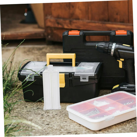 Plastic Adhesive Cartridge Set for Industrial Bonding 1 to 1 Ratio with Reliable Flow Control Precise Glue Dispensing 10 Pack Compatible With Standard Nozzles Ideal for Outdoor Repairs and Pro Grade Long Run Use, white cartridge near case