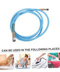 High Pressure Steam Hose For Steam Iron 3 Meter Pro Grade Replacement Tube Durable And High Temperature Resistant For Efficient Ironing And Quick No Fuss Setup, blue with connectors, four use illustrations below.