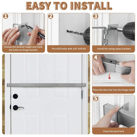 Heavy Duty Door Security Bar With Brackets Kit For Front Door, Easy Four Screw Install, Door Stopper And Home Defense