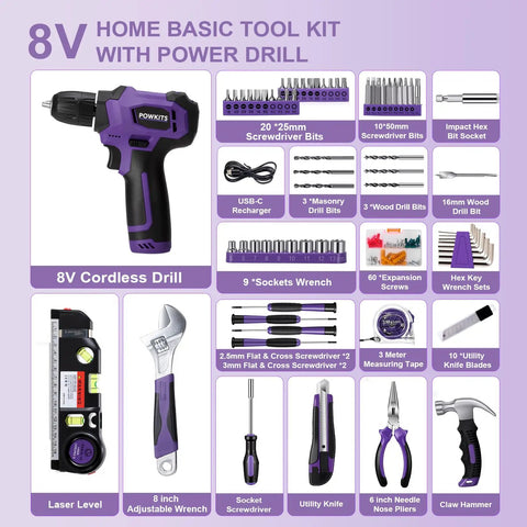Image showing 139 Piece Cordless Drill Set with Li Ion Battery 8V, featuring drill, charger, and various tool attachments in case.