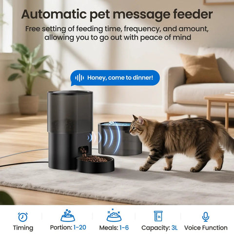 Smart Automatic Pet Feeder And Water Fountain For Cats And Dogs With Wifi App Control And Voice Recorder. Kitchen scene with cat.