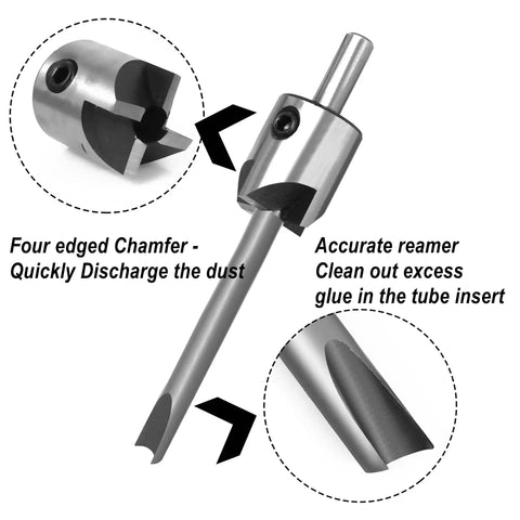 Close-up of Pen Mandrel Saver Universal Barrel Trimming System showing four-edged chamfer and reamer for precision pen turning.