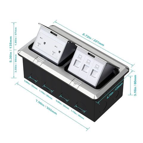 Dual Pop Up Floor Box Kit With 20A Tamper Resistant Duplex Outlet And 3 Port RJ45 Datacom Receptacle in brushed nickel