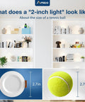 Comparison of 2-inch recessed ceiling light size next to tennis ball, showing dimensions for 12 Pack Sleek Two Inch Led Canless Recessed Ceiling Lights With No Sweat Adjust 5Cct Color Temp Ic Rated Ultra Thin Flush Mount Downlight For Kitchen Renos And Home Upgrades.