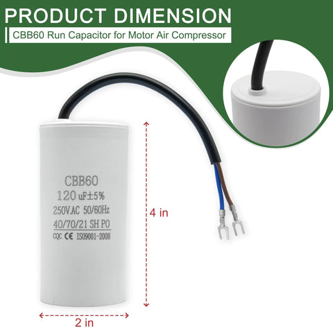 High Performance 120uF Run Capacitor For Single-Phase Motors And Air Conditioner Compressors, 250VAC 50/60Hz, Ideal For Start Boost In Home AC Units, 4x2 inch dimensions