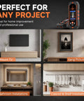 NOYAFA Stud Finder Wall Scanner shown with applications for mounting TV, hanging pictures, and installations in various settings.