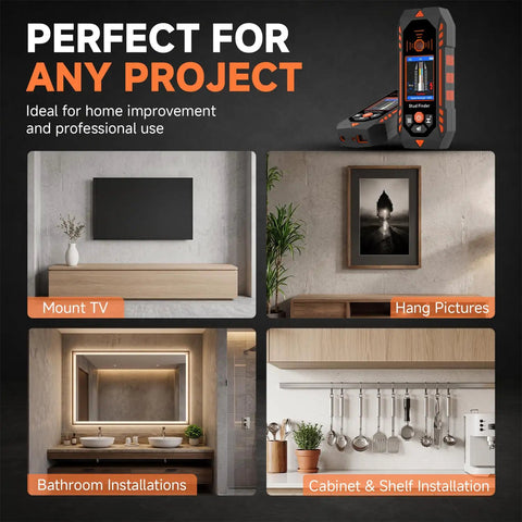 NOYAFA Stud Finder Wall Scanner shown with applications for mounting TV, hanging pictures, and installations in various settings.