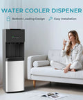 Bottom Loading Water Cooler Dispenser With Cold Warm And Hot Go To Settings For 5 Gallon Bottle LED Display Light And Child Lock Built For Home Office Apartment Black next to woman drinking water on couch.