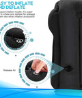 Close-up of black inflatable travel neck pillow with air nozzle, showing easy inflation and deflation process.