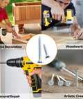 Collage of DIY uses with drill and 255 Piece High Hardness Wood Screws Kit With Nine Sizes From Half Inch To Two Inch Includes Size 6 And Size 8 Phillips Flat Head Screws For Wood Drywall MDF And Furniture DIY Plus 20 Anchors Zinc Plated For Rust Resistance, showcasing home decoration, woodworking, and repair tasks.