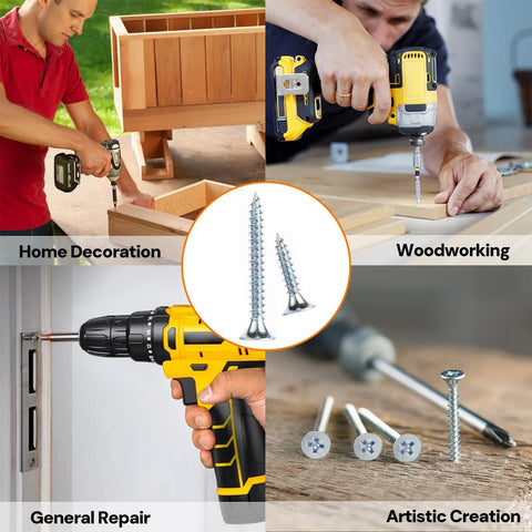 Collage of DIY uses with drill and 255 Piece High Hardness Wood Screws Kit With Nine Sizes From Half Inch To Two Inch Includes Size 6 And Size 8 Phillips Flat Head Screws For Wood Drywall MDF And Furniture DIY Plus 20 Anchors Zinc Plated For Rust Resistance, showcasing home decoration, woodworking, and repair tasks.