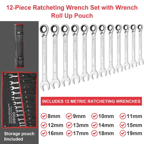 12 Piece Metric Ratchet Wrench Set with Two-Way Reversible 72-Tooth Heads, Cr-V Steel, 8mm to 19mm, with storage roll-up pouch
