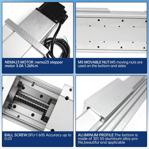 Beefy, Pro Grade CNC Linear Actuator Kit with enclosed aluminum stage, NEMA23 stepper motor, M5 movable nut, and 600mm travel.