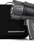 Beefy 10000 Lumen Waterproof Rechargeable Marine Spotlight With EVA Carrying Case, handheld design, beside its protective case.