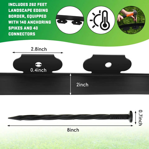 Close-up of 262 Ft 2 Inch Tall Landscape Edging Border Kit connector and spike, detailing dimensions and durability features.