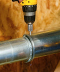 Heavy Duty Size Eight By One Half Self Tapping Gutter Screws Rock Solid Rust Resistant 410 Stainless Steel Sheet Metal Fasteners being installed with a drill.