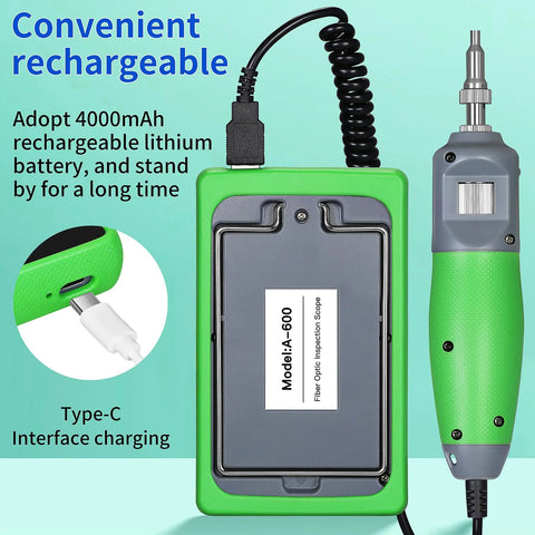 Fiber optic inspection video probe A-600 in green housing with 5-inch touchscreen and attached handheld probe.