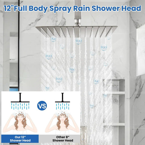 Shower Faucet Set And Handle Kit For Ceiling Mount Rainfall System, 12 Inch Square Head in Brushed Nickel, Water Flow Comparison