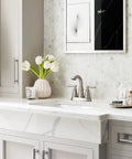 Spot Resist Brushed Nickel Two Handle Centerset Bathroom Sink Faucet in elegant bathroom setting, 4 inch centerset design