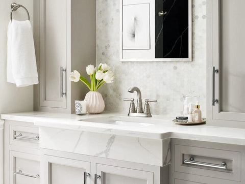 Spot Resist Brushed Nickel Two Handle Centerset Bathroom Sink Faucet in elegant bathroom setting, 4 inch centerset design