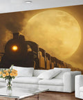 Massive Wall Mural 196 Inch By 118 Inch Silk Cloth Wallpaper Not Peel And Stick Vintage Locomotive HD Photo in living room decor.