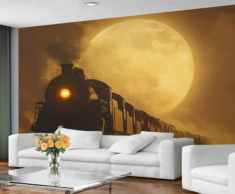 Massive Wall Mural 196 Inch By 118 Inch Silk Cloth Wallpaper Not Peel And Stick Vintage Locomotive HD Photo in living room decor.