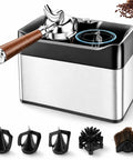 Automatic Electric Espresso Portafilter Cleaner With Triple Scrapers And Rotary Brush For Quick Puck Dumping with steel body.